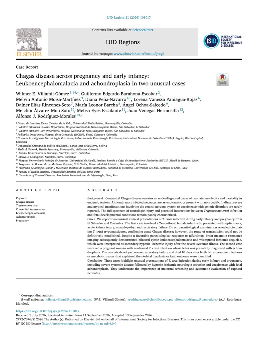Primera página del artículo Chagas disease across pregnancy and early infancy, IJID Regions 2026